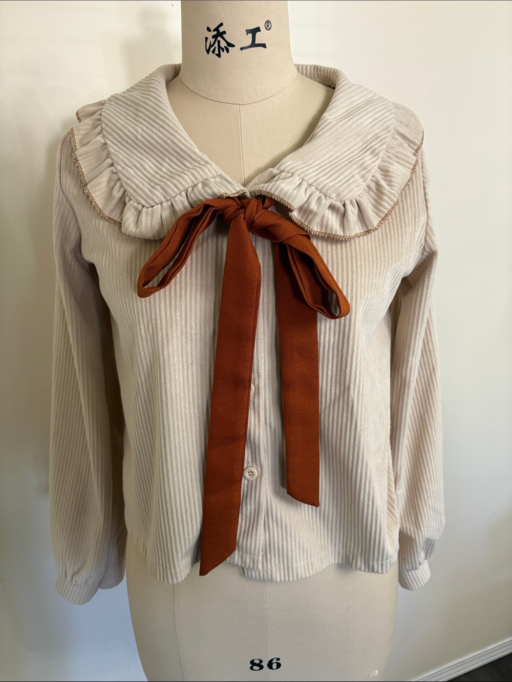 Cream Corduroy Ruffle Collar Button-Down Top with Rust Tie